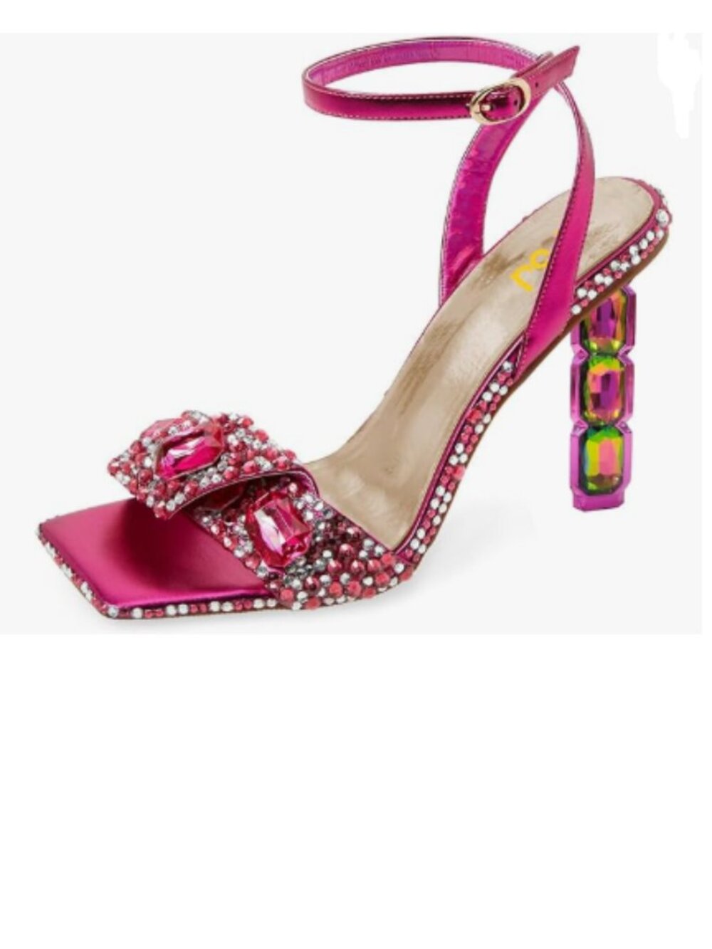 FSJ Fuchsia Diamond Heel Square Open Toe Ankle Strap Jewel Chunky Heel Sandals